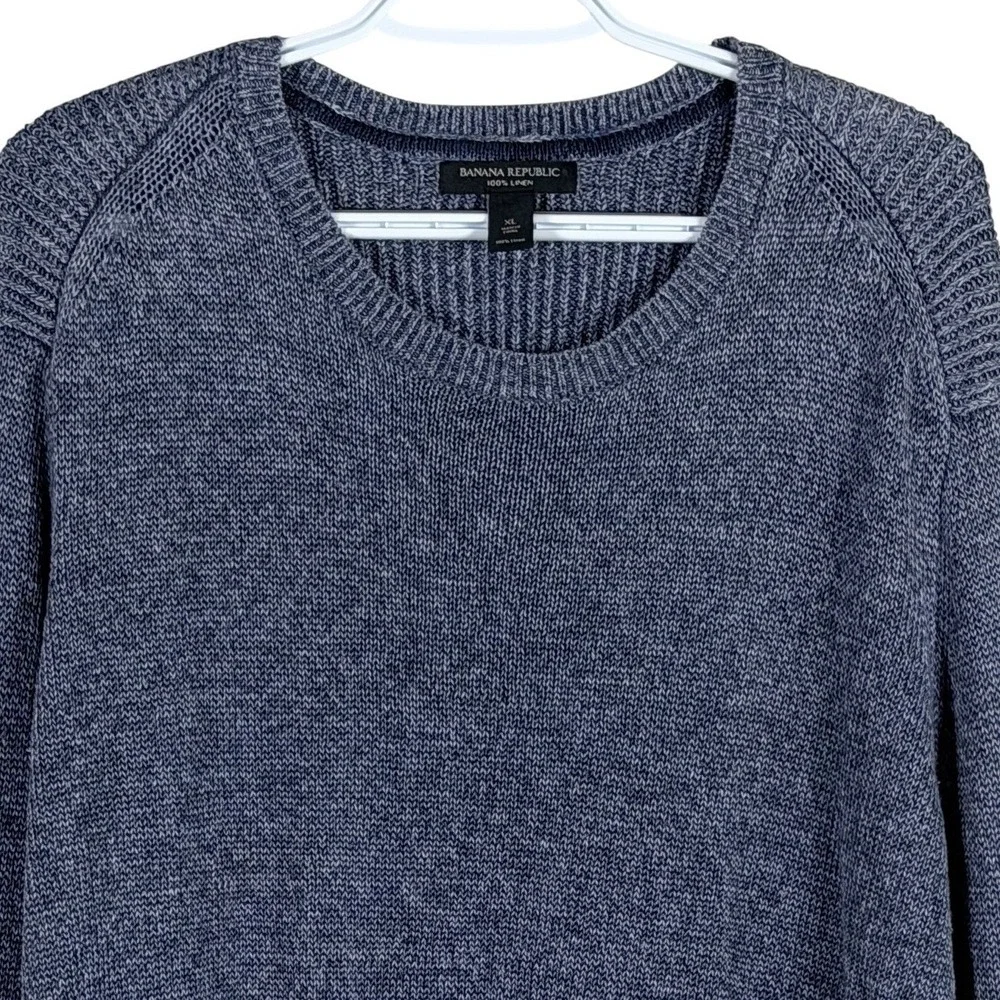 Banana Republic 100% Linen Sweater Crewneck Mens XL Blue Marled Ribbed Shoulder